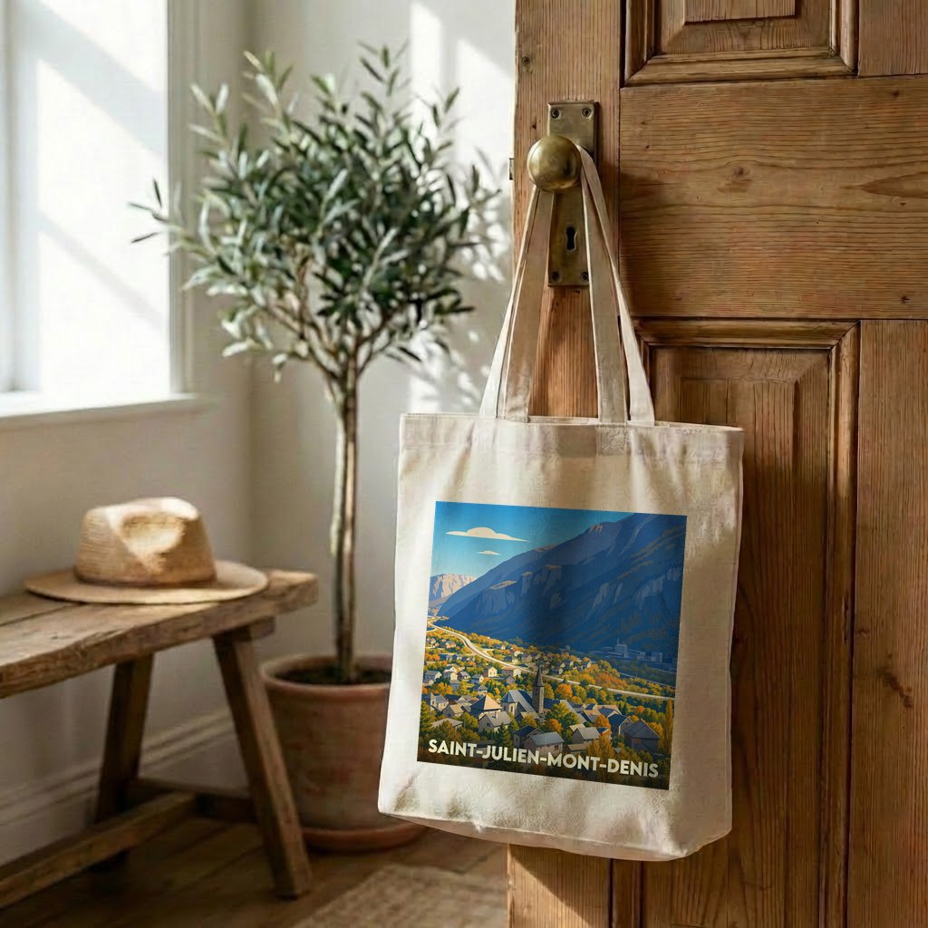 Tote bag souvenir de la ville de Saint-Julien-Mont-Denis avec une illustration de paysage de montagne.