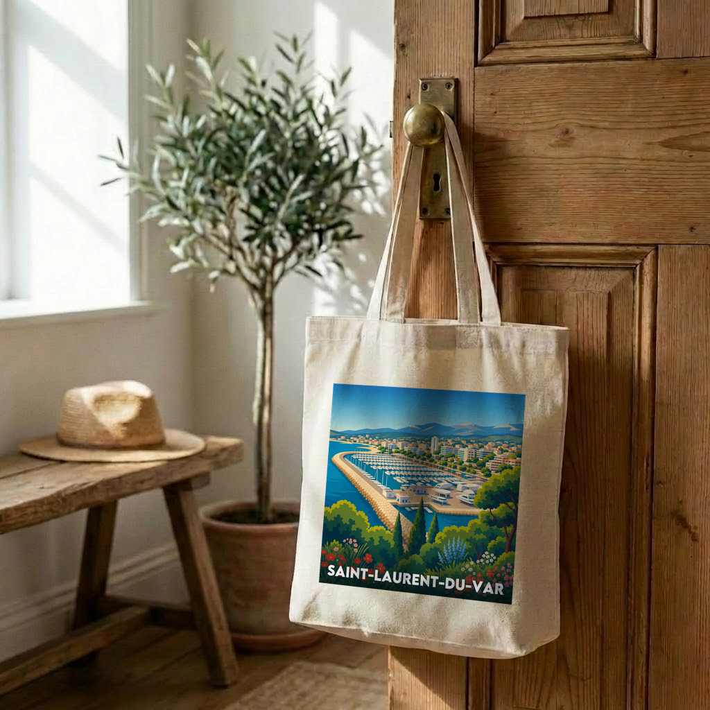 Tote bag souvenir de la ville de Saint-Laurent-du-Var avec une illustration stylisée.