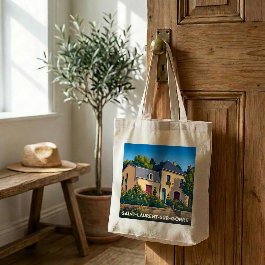 Tote bag souvenir de la ville de Saint-Laurent-sur-Gorre avec une illustration stylisée d'une maison de campagne fleurie.