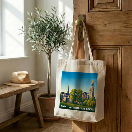 Tote bag souvenir de la ville de Saint-Laurent-sur-Sèvre avec une illustration stylisée.