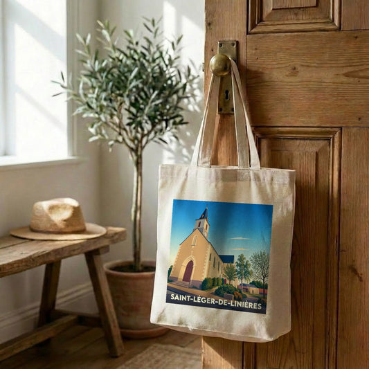 Tote bag souvenir de la ville de Saint-Léger-de-Linières avec une illustration stylisée de son église.