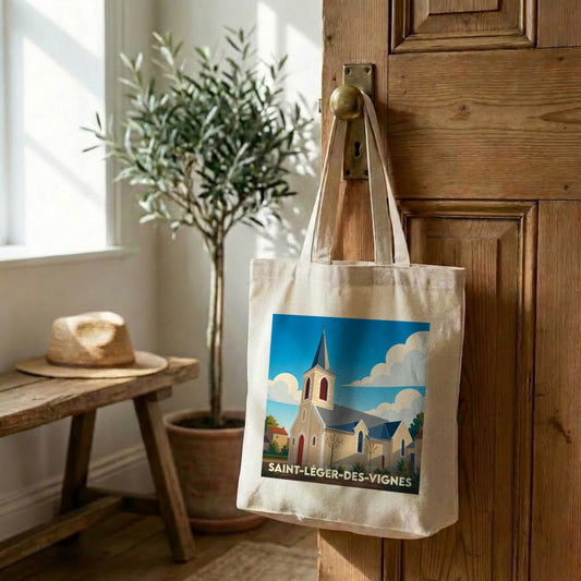 Tote bag souvenir de la ville de Saint-Léger-des-Vignes avec une illustration stylisée de son église.