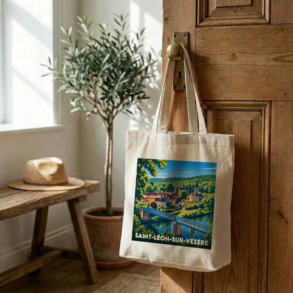 Tote bag souvenir de la ville de Saint-Léon-sur-Vézère avec une illustration colorée et stylisée de son paysage.