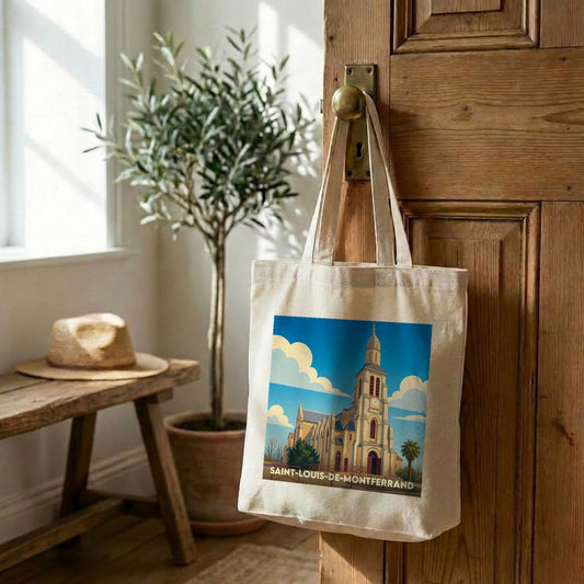 Tote bag souvenir de la ville de Saint-Louis-de-Montferrand avec une illustration stylisée de son église.