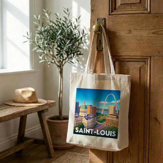 Tote bag souvenir de la ville de Saint-Louis avec une illustration stylisée.