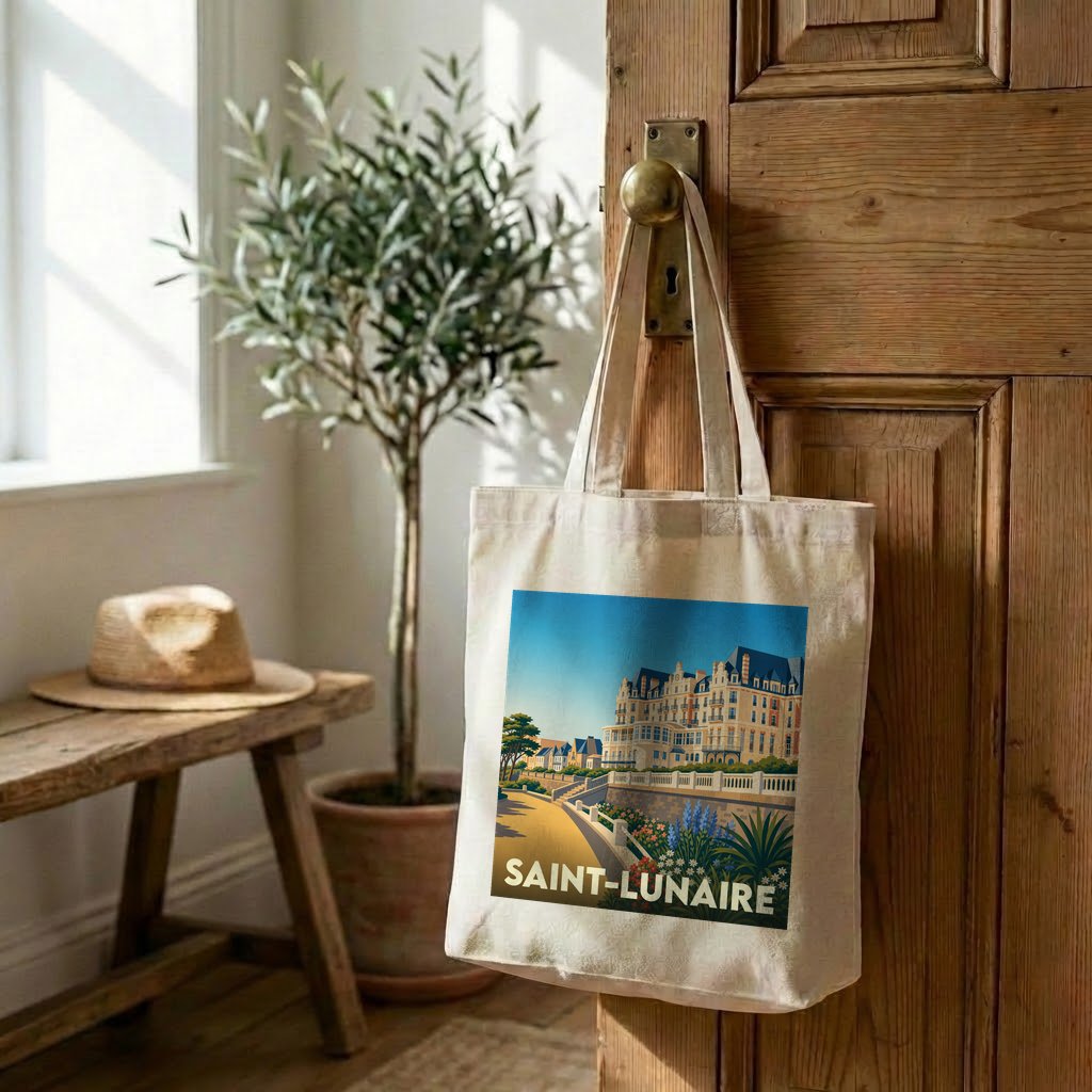 Tote bag souvenir de la ville de Saint-Lunaire avec une illustration stylisée.