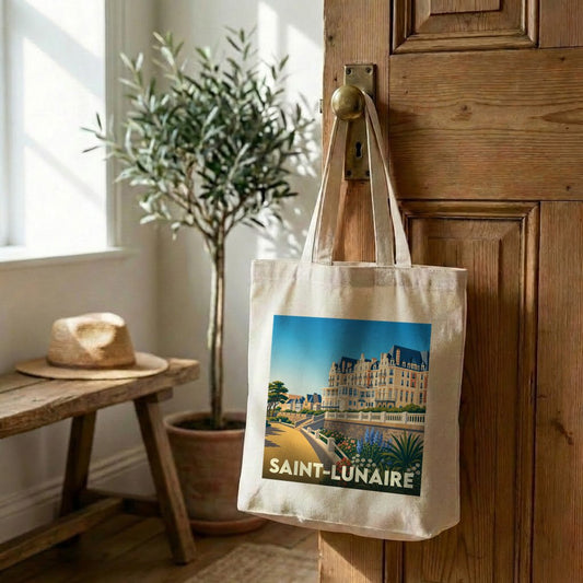 Tote bag souvenir de la ville de Saint-Lunaire avec une illustration stylisée.