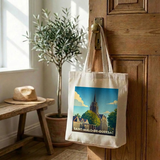 Tote bag souvenir de la ville de Saint-Malo-de-Guersac avec une illustration stylisée de son église.
