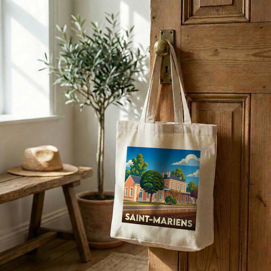Tote bag souvenir de la ville de Saint-Mariens avec une illustration stylisée.