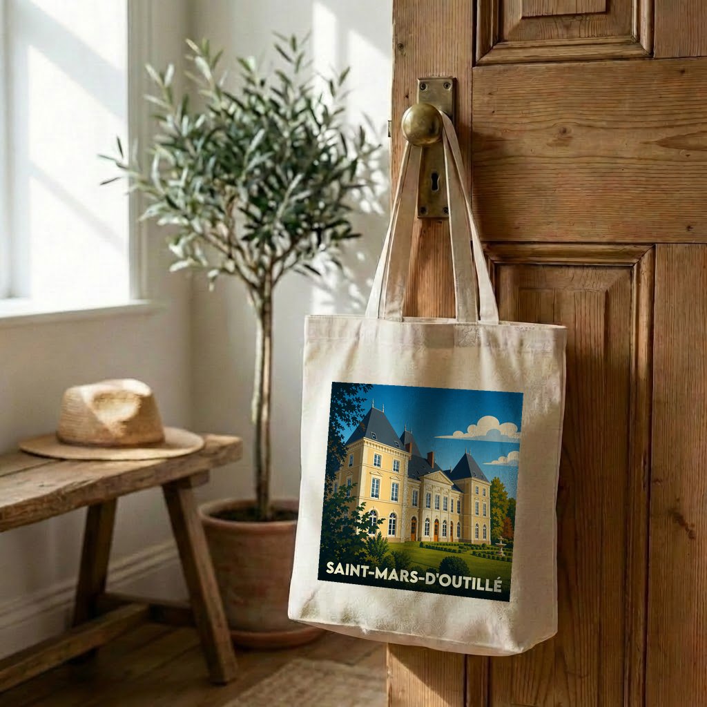 Tote bag souvenir de la ville de Saint-Mars-d'Outillé avec une illustration stylisée de son château.
