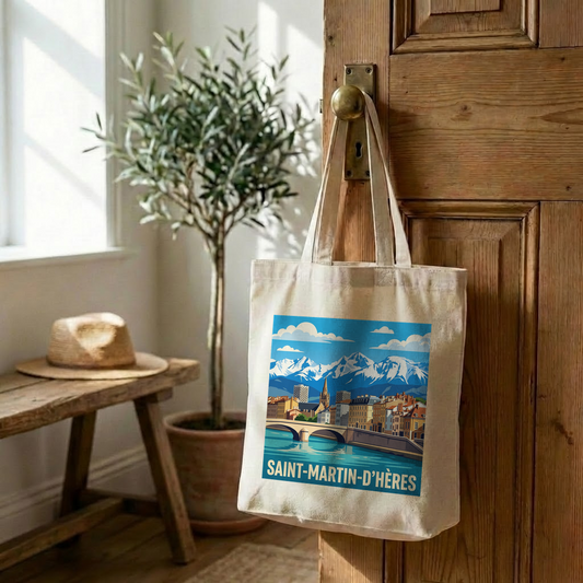 Tote bag souvenir de la ville de Saint-Martin-d'Hères avec une illustration stylisée.