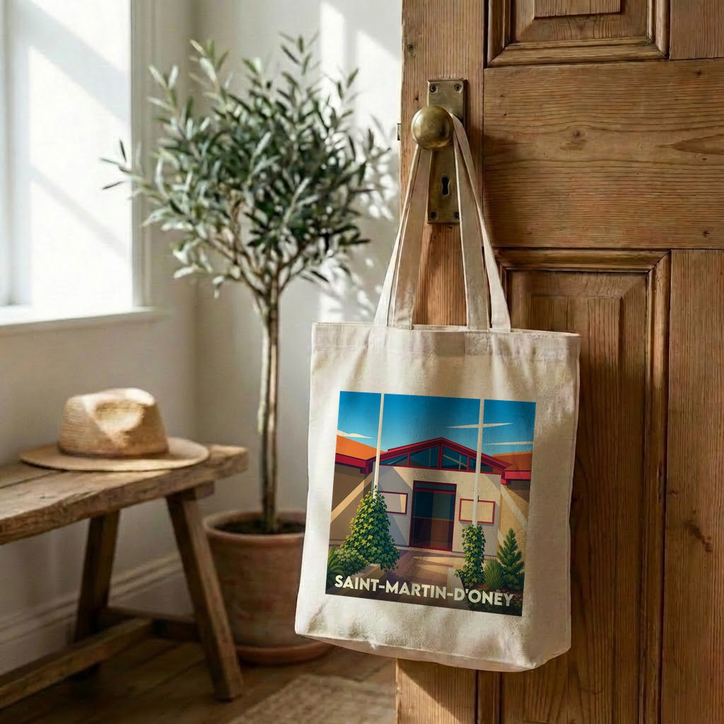 Tote bag souvenir de la ville de Saint-Martin-d'Oney avec une illustration stylisée.