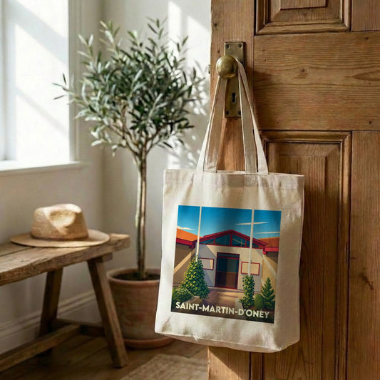 Tote bag souvenir de la ville de Saint-Martin-d'Oney avec une illustration stylisée.
