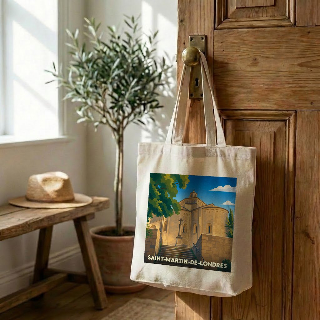 Tote bag souvenir de la ville de Saint-Martin-de-Londres avec une illustration stylisée de son église romane.