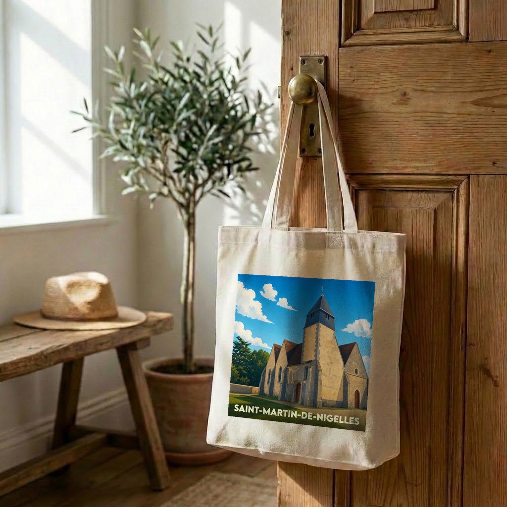 Tote bag souvenir de la ville de Saint-Martin-de-Nigelles avec une illustration stylisée de son église.