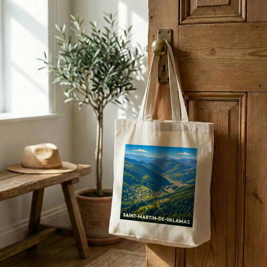 Tote bag souvenir de la ville de Saint-Martin-de-Valamas avec une illustration de paysage montagneux.