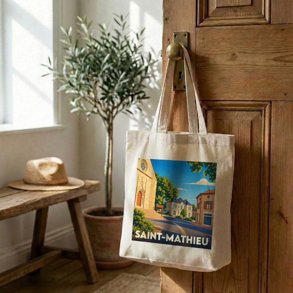 Sac cabas souvenir de la ville de Saint-Mathieu avec une illustration stylisée.