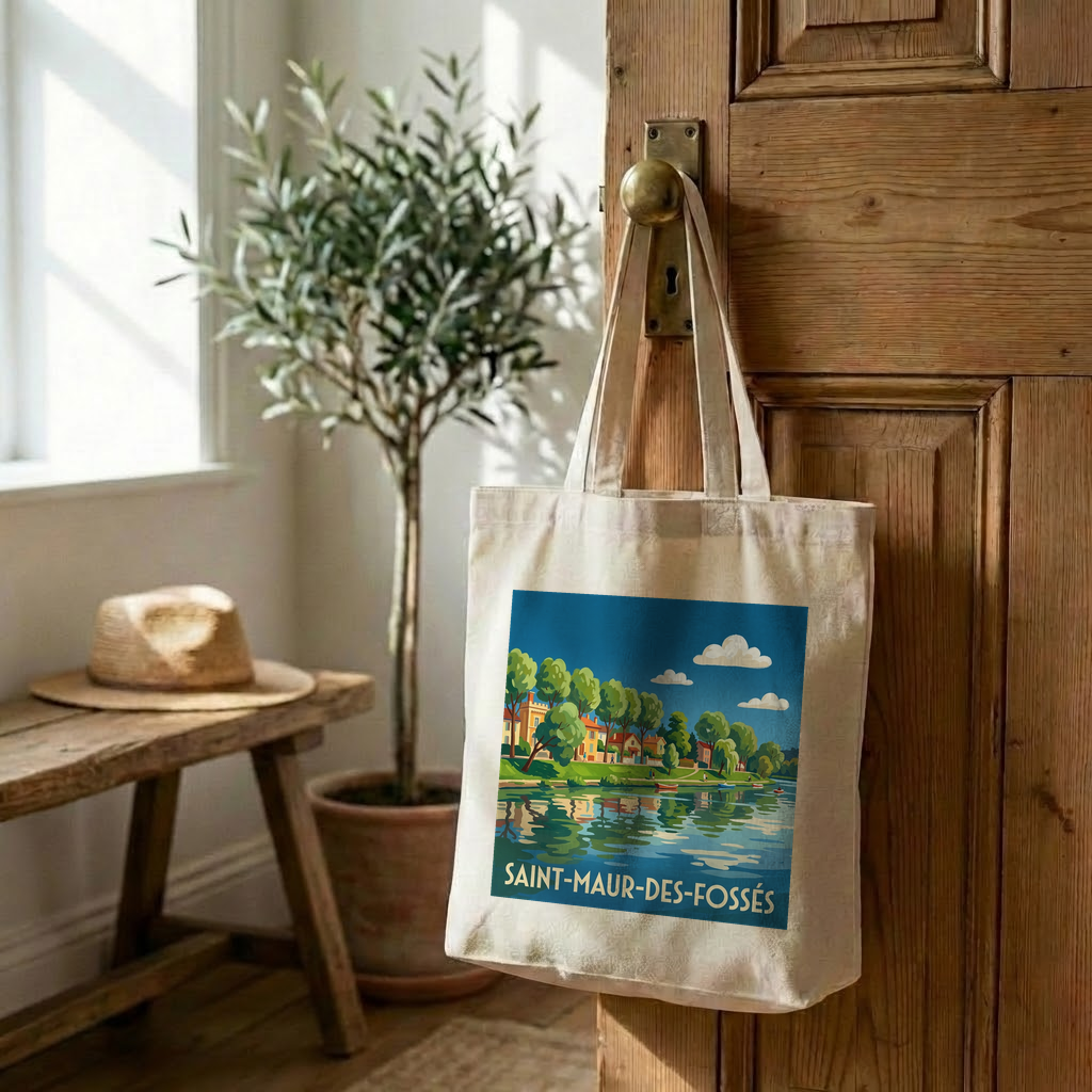 Tote bag souvenir de la ville de Saint-Maur-des-Fossés avec une illustration stylisée.