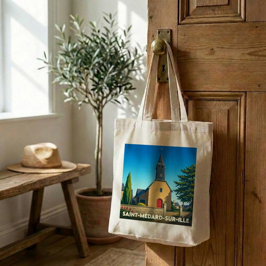 Tote bag souvenir de la ville de Saint-Médard-sur-Ille avec une illustration stylisée d'une église.