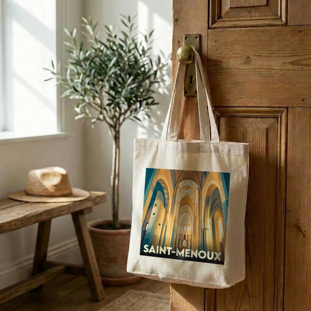 Tote bag souvenir de la ville de Saint-Menoux avec une illustration stylisée d'un intérieur d'église.