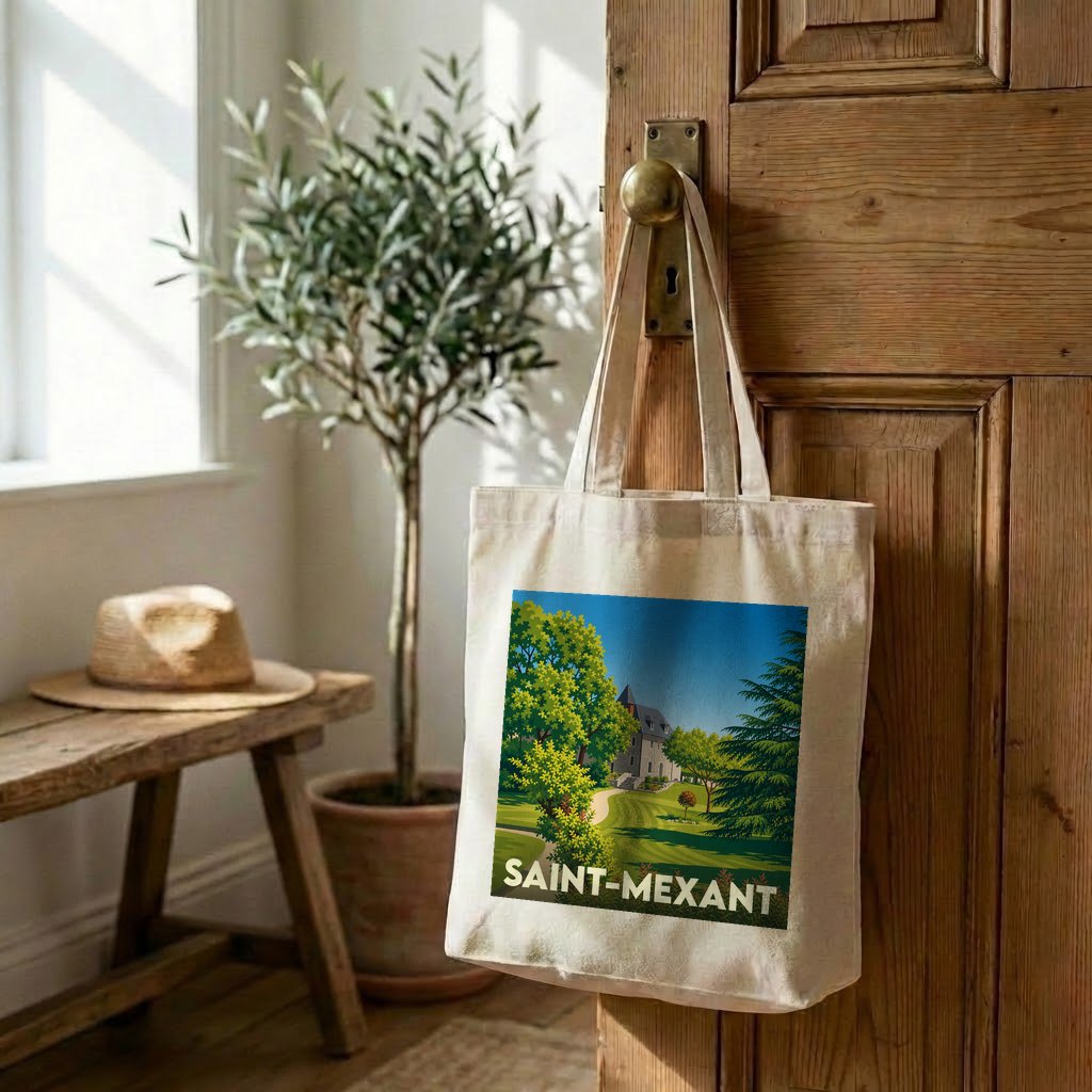 Tote bag souvenir de la ville de Saint-Mexant avec une illustration stylisée.
