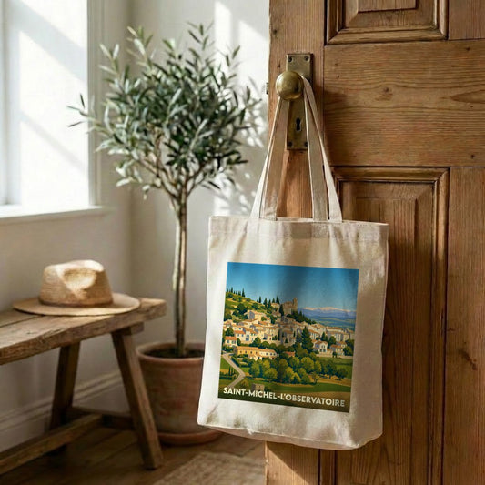 Tote bag souvenir de Saint-Michel-l'Observatoire avec une illustration stylisée de la ville.