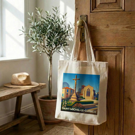 Tote bag souvenir de Saint-Michel-le-Cloucq avec une illustration stylisée du village.