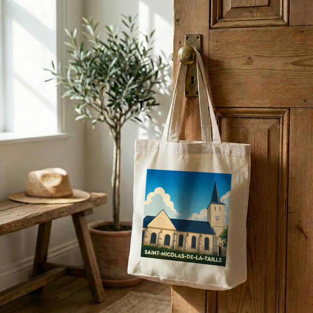 Tote bag souvenir de la ville de Saint-Nicolas-de-la-Taille avec une illustration stylisée de son église.