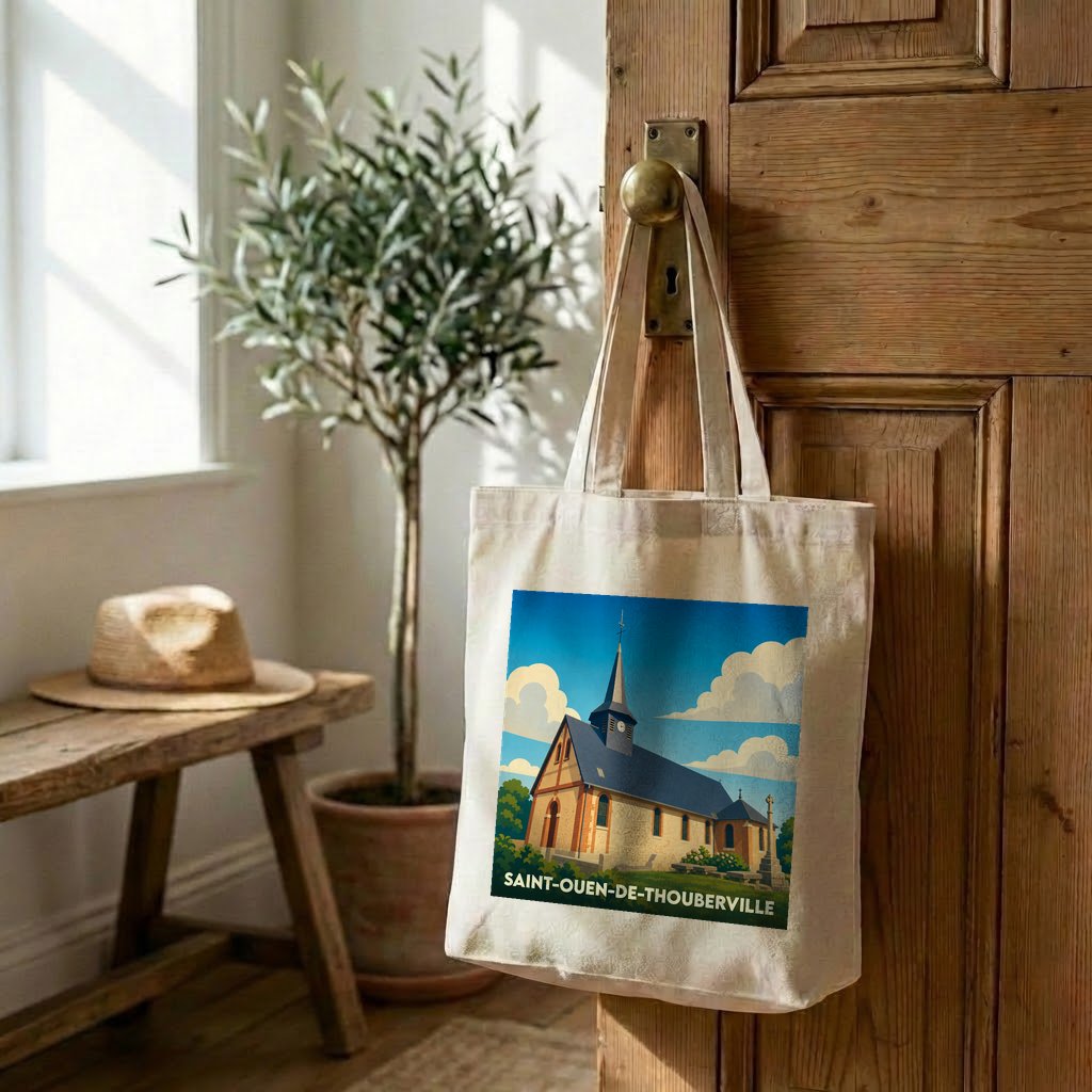 Tote bag souvenir de la ville de Saint-Ouen-de-Thouberville avec une illustration stylisée de son église.