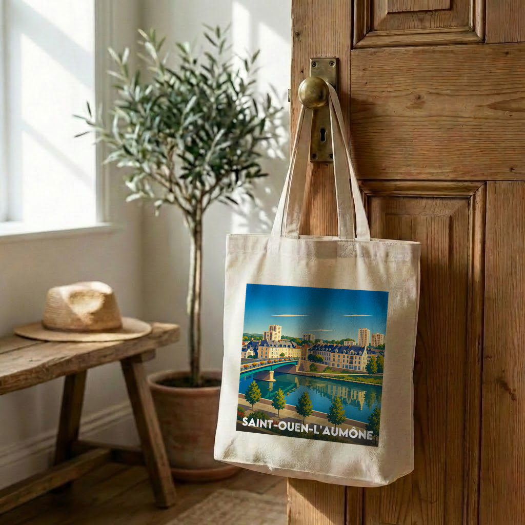 Tote bag souvenir de la ville de Saint-Ouen-l'Aumône avec une illustration stylisée.
