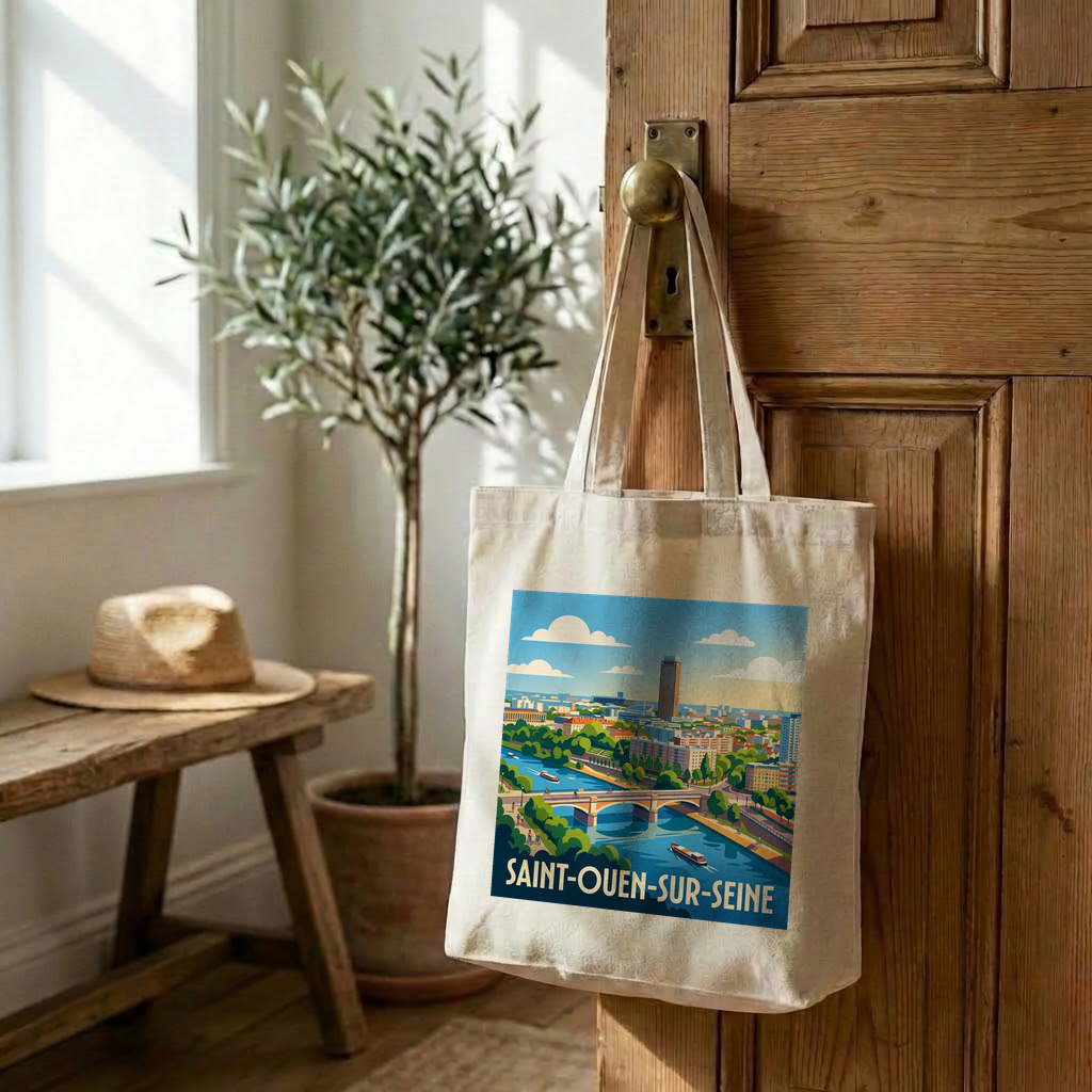 Tote bag souvenir de la ville de Saint-Ouen-sur-Seine avec une illustration stylisée.
