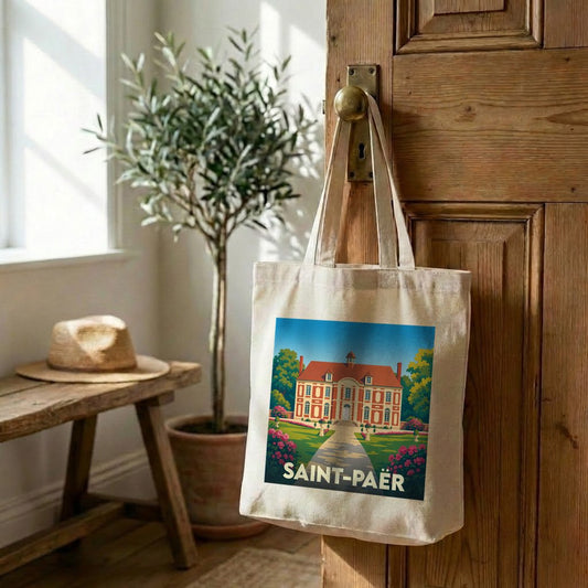 Tote bag souvenir de la ville de Saint-Paër avec une illustration stylisée d'un château.