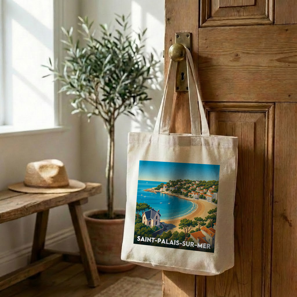 Tote bag souvenir de la ville de Saint-Palais-sur-Mer avec une illustration stylisée.
