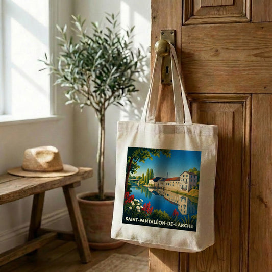 Tote bag souvenir de la ville de Saint-Pantaléon-de-Larche illustré d'un paysage de bord de rivière coloré.