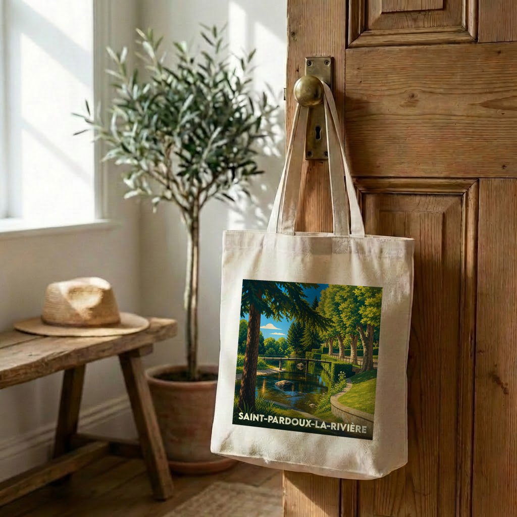 Sac cabas souvenir de la ville de Saint-Pardoux-la-Rivière avec une illustration stylisée.