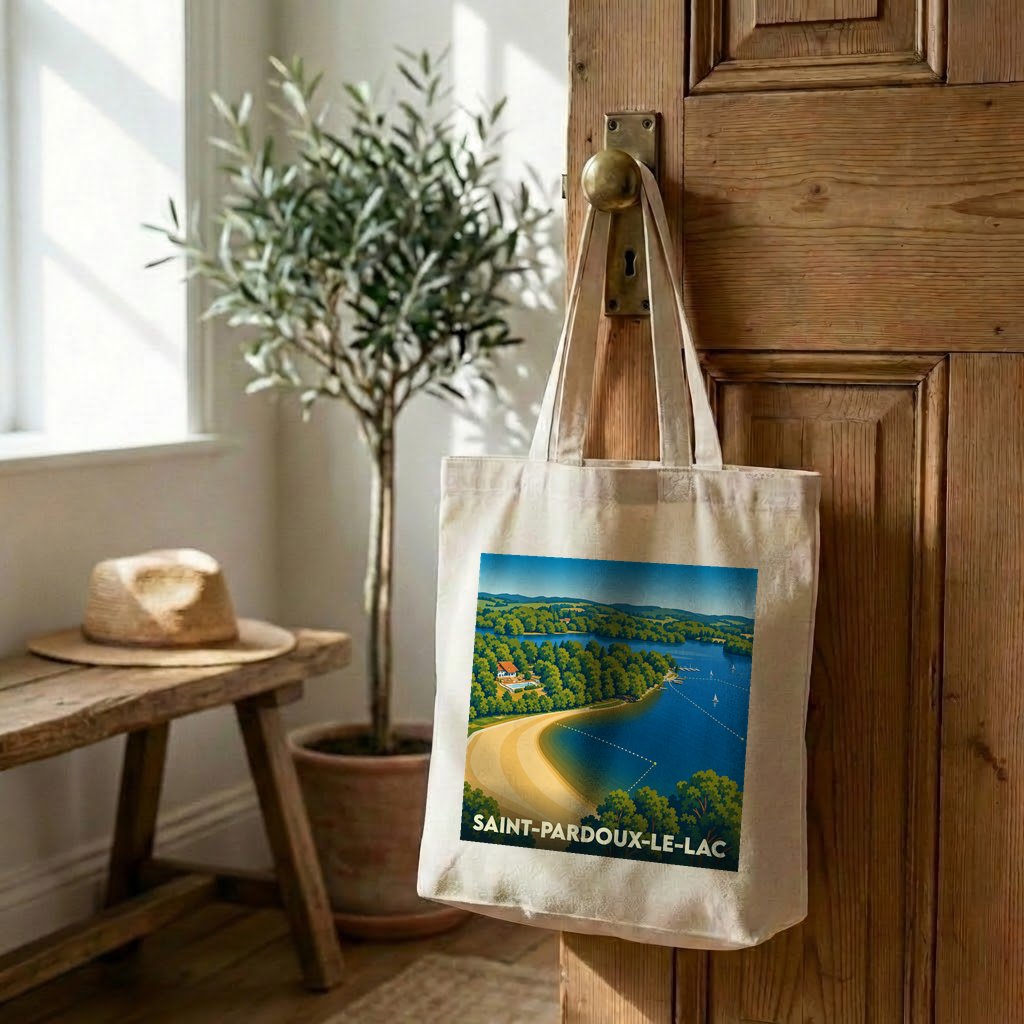 Tote bag souvenir de Saint-Pardoux-le-Lac avec une illustration stylisée du lac et de sa plage.