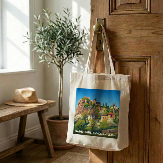 Tote bag souvenir de la ville de Saint-Paul-en-Cornillon avec une illustration stylisée de son château et de ses maisons.
