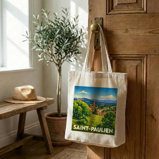 Tote bag souvenir de la ville de Saint-Paulien avec une illustration de paysage colorée.