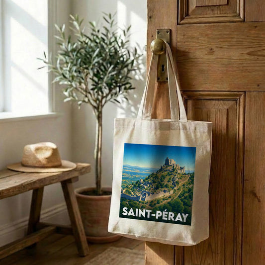 Tote bag souvenir de la ville de Saint-Péray avec une illustration stylisée du château de Crussol.