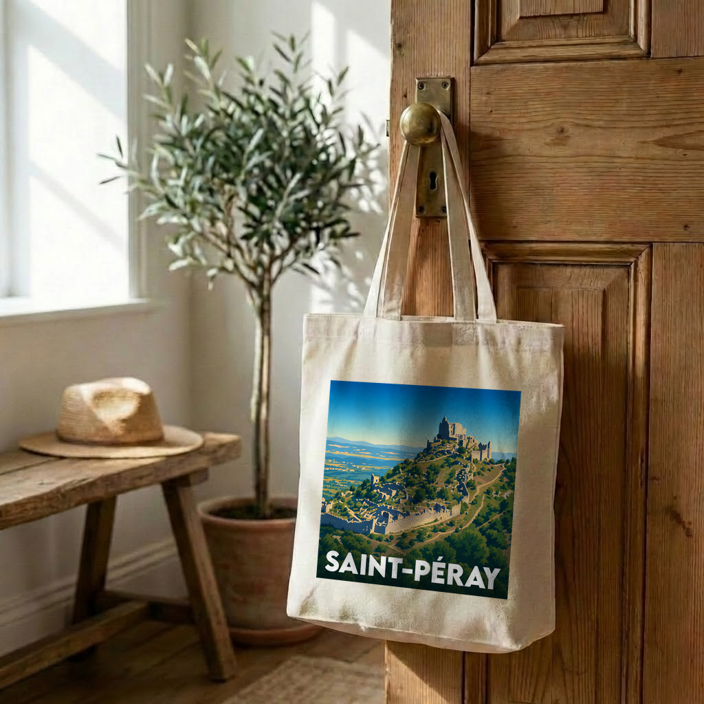Tote bag souvenir de la ville de Saint-Péray avec une illustration stylisée du château de Crussol.