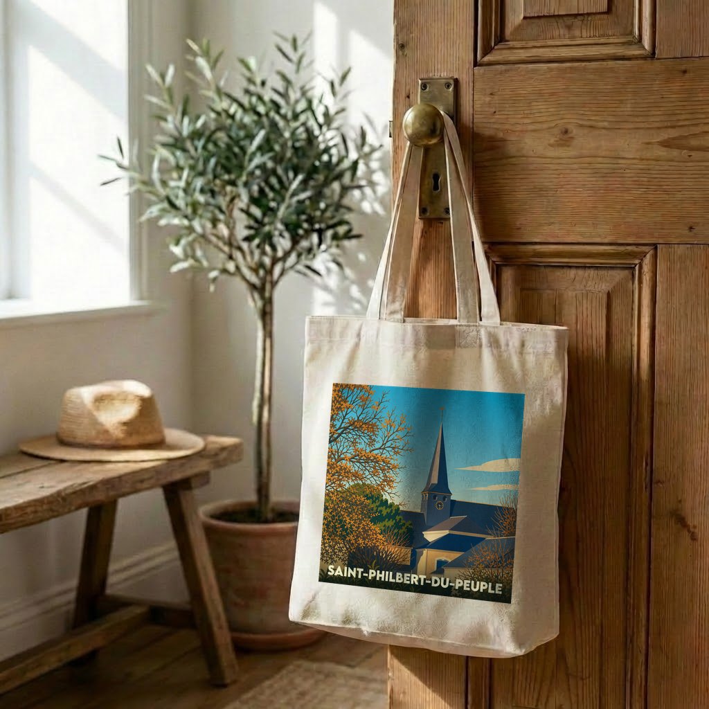 Tote bag souvenir de la ville de Saint-Philbert-du-Peuple avec une illustration stylisée.
