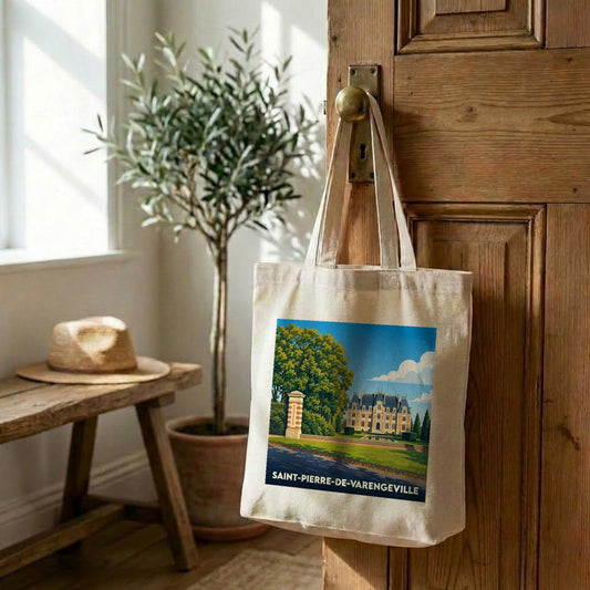 Tote bag souvenir de la ville de Saint-Pierre-de-Varengeville avec une illustration stylisée d'un château.