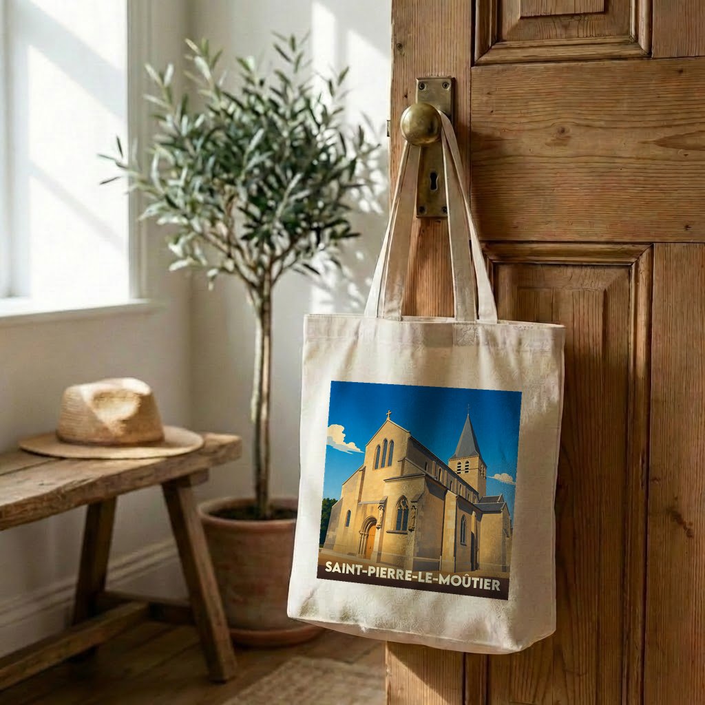 Tote bag souvenir de la ville de Saint-Pierre-le-Moûtier avec une illustration stylisée de son église.