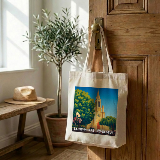 Tote bag souvenir de la ville de Saint-Pierre-lès-Elbeuf avec une illustration colorée de son église.
