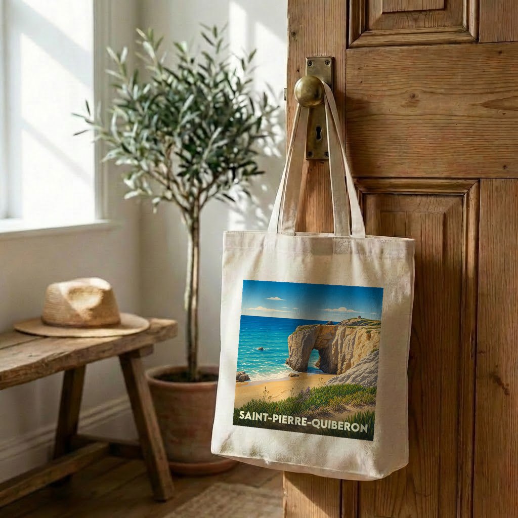 Sac cabas en toile souvenir de Saint-Pierre-Quiberon avec une illustration côtière stylisée.
