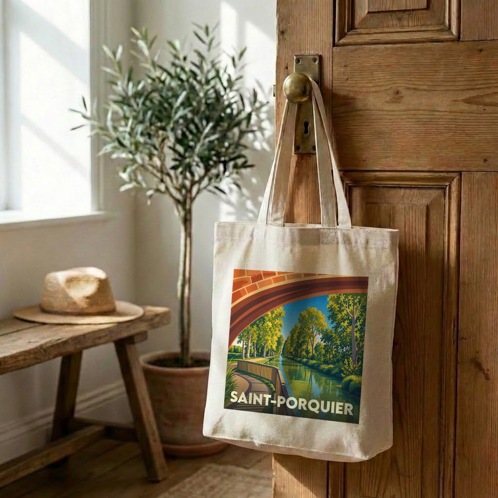 Tote bag souvenir de la ville de Saint-Porquier avec une illustration stylisée.