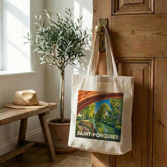 Tote bag souvenir de la ville de Saint-Porquier avec une illustration stylisée.