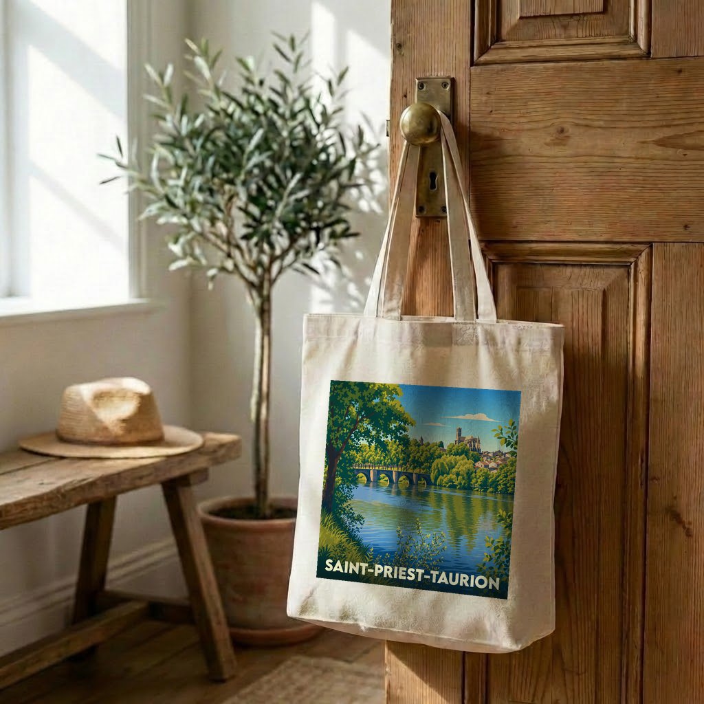 Sac en toile souvenir de la ville de Saint-Priest-Taurion illustré par un paysage de rivière et de pont.