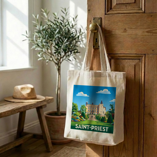 Tote bag souvenir de la ville de Saint-Priest avec une illustration stylisée de son château.