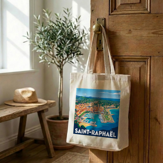 Tote bag souvenir de la ville de Saint-Raphaël avec une illustration stylisée.